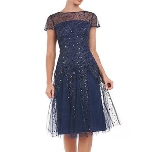 JS Collections Navy Blue Sequin Mesh Short Sleeve Alyssa Godet Cocktail Dress